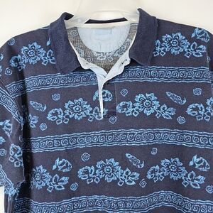 Vintage LL Bean Hawaiian Polo Shirt Mens L Blue Tropical Floral Cotton Knit 80s